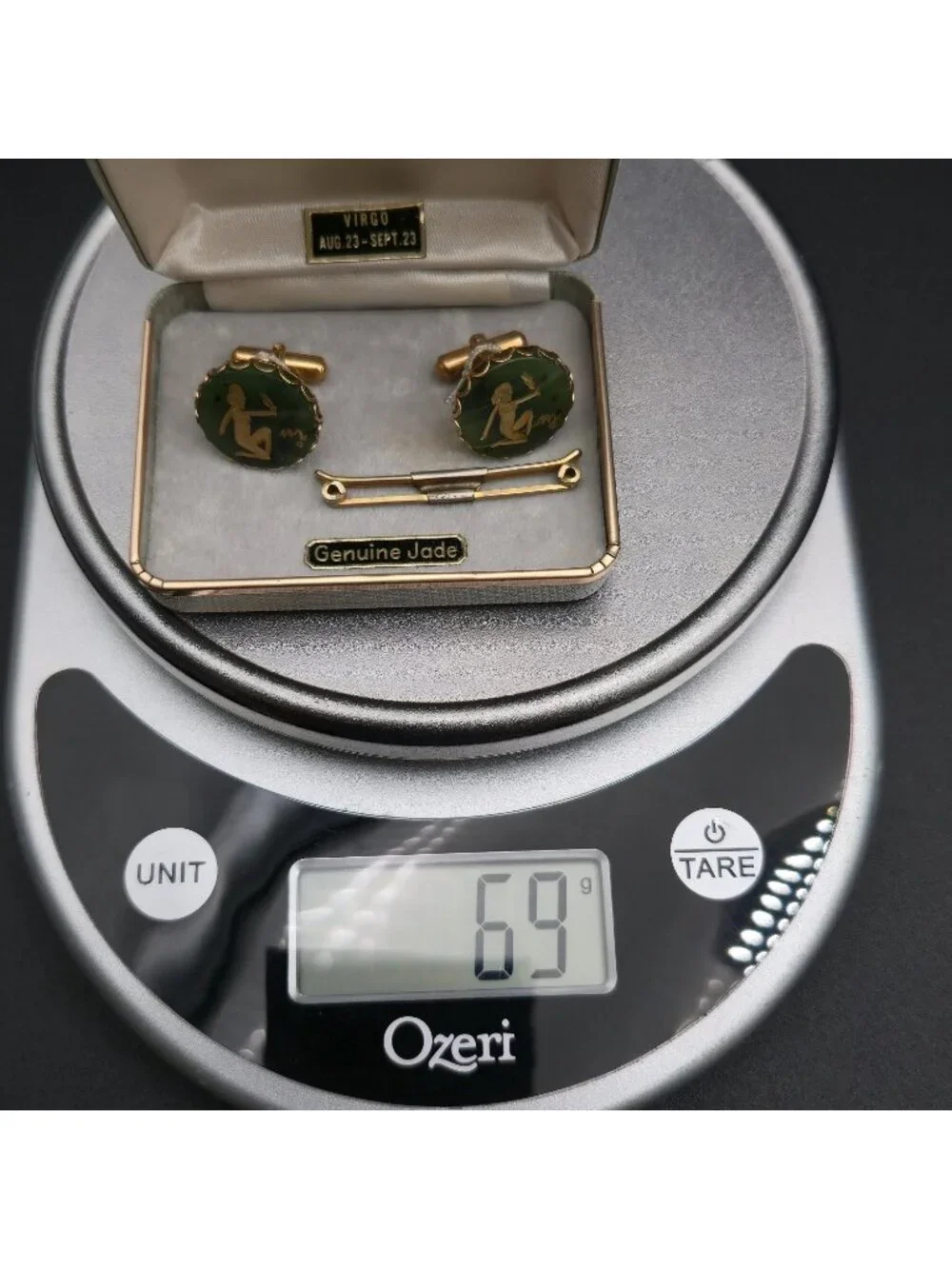 Vintage Swank Virgo Jade Stone Cufflinks and Tie Clip Set B1352